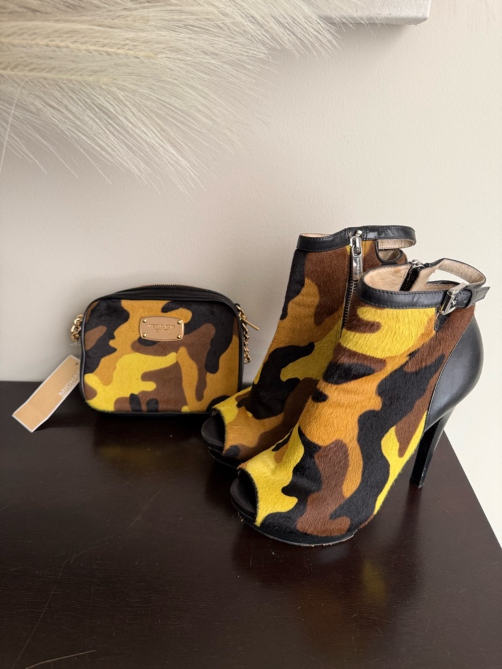 Michael Kors Yellow Brown Black Camouflage Peep-Toe Booties & Crossbody bag